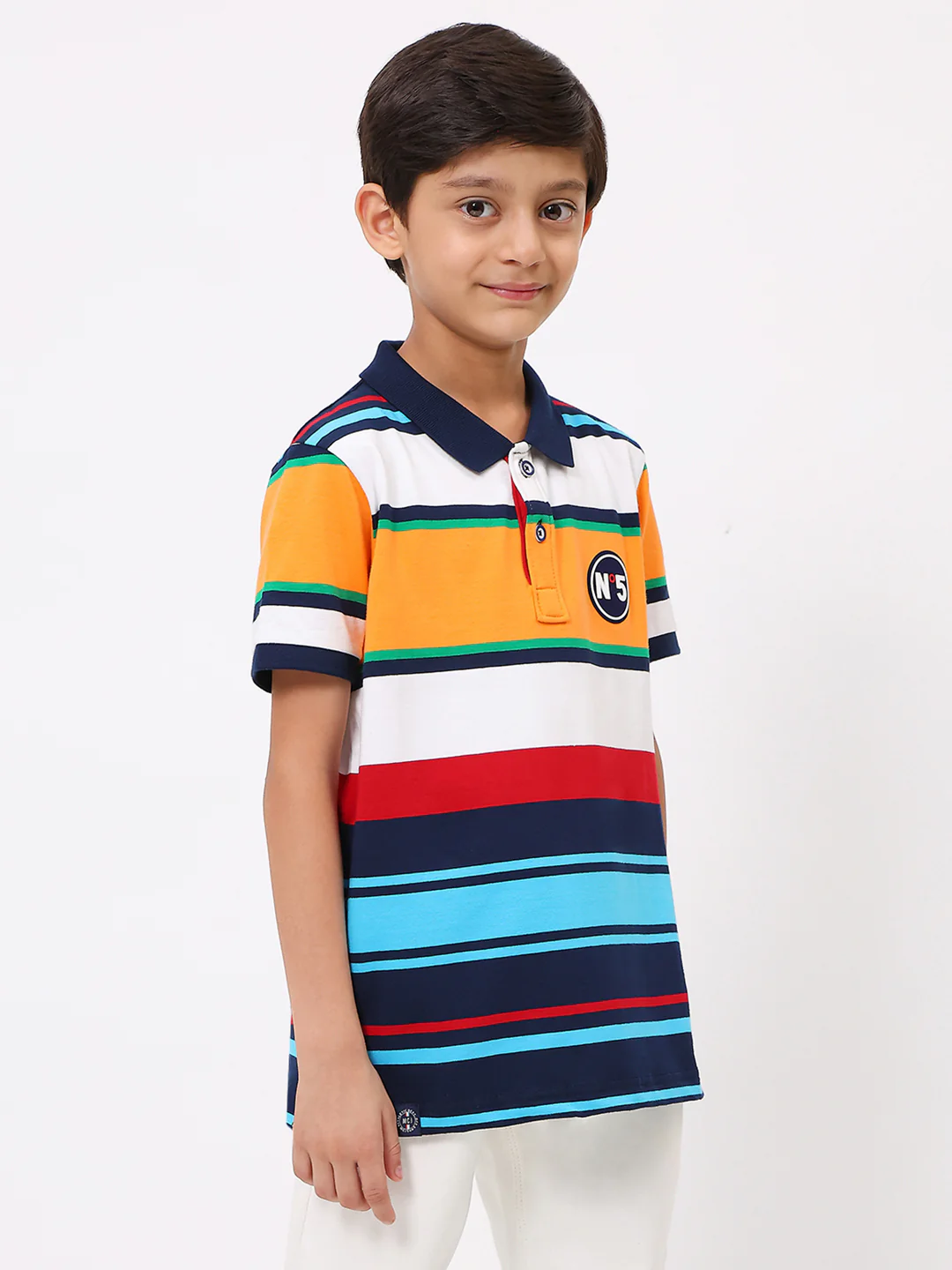 Boys Yellow & Blue Stripe Collar Half Sleeve T-Shirt - Image 4