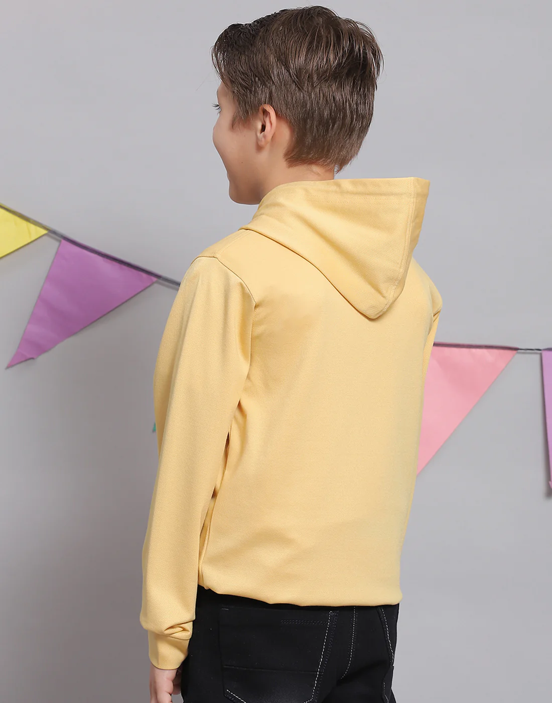 Boys Yellow Printed Hooded Full Sleeve T-Shirts - Image 5