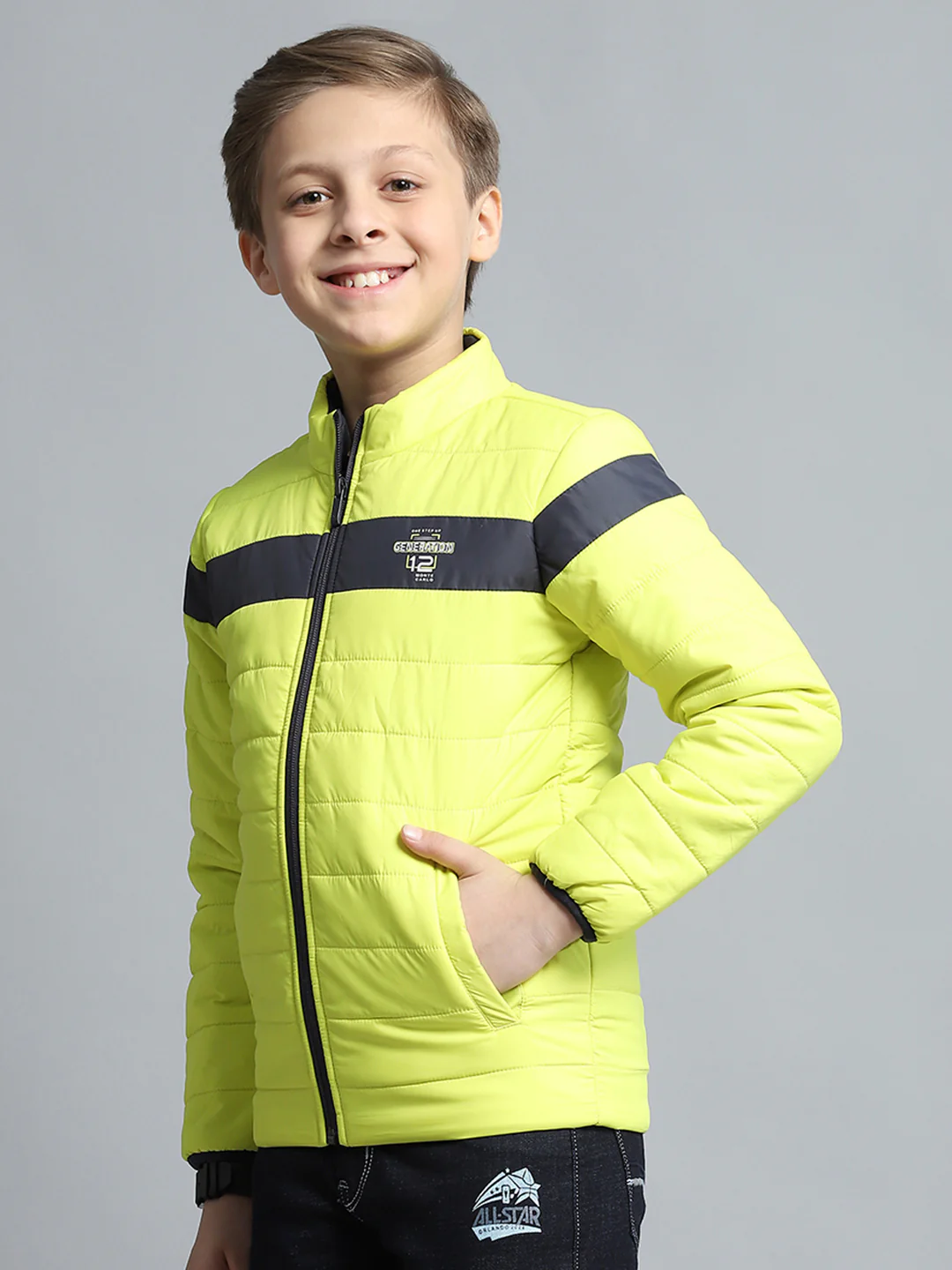 Boys Yellow Printed Mock Neck Full Sleeve Jacket - Image 3