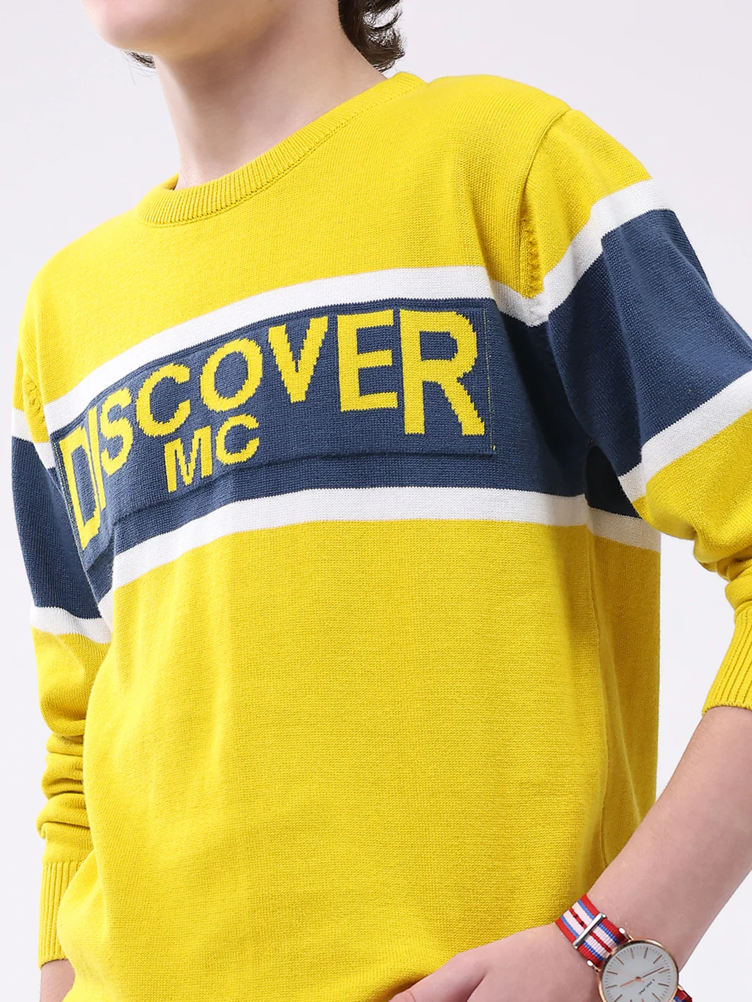 Boys Yellow Printed Round Neck Full Sleeve Pullover - Image 6