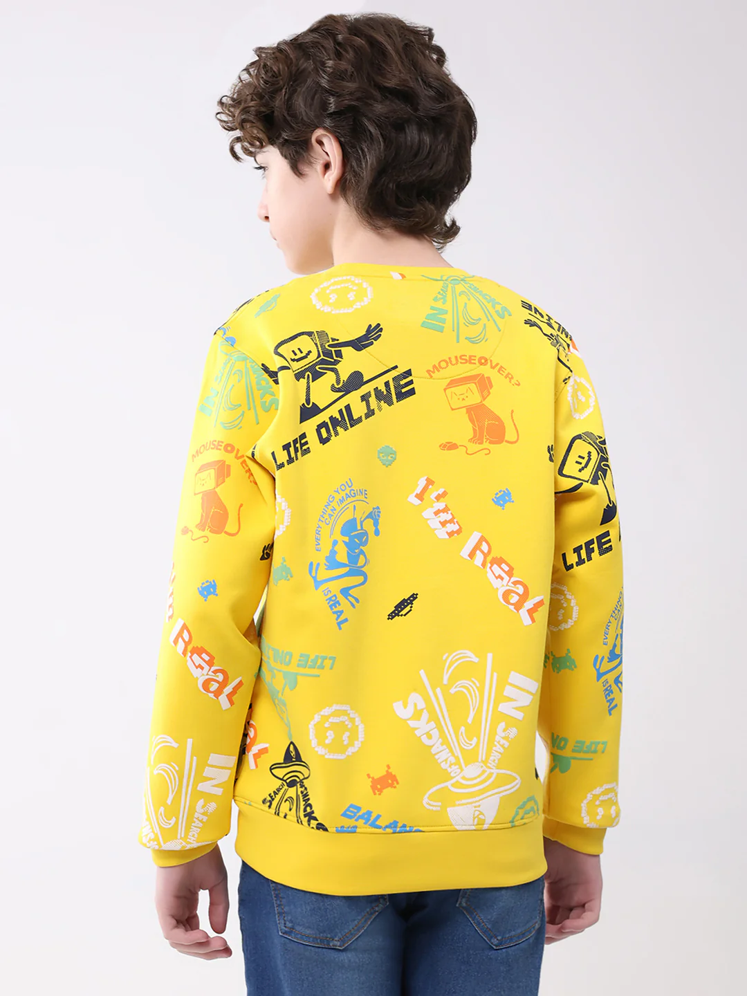 Boys Yellow Printed Round Neck Full Sleeve Sweatshirt - Image 5