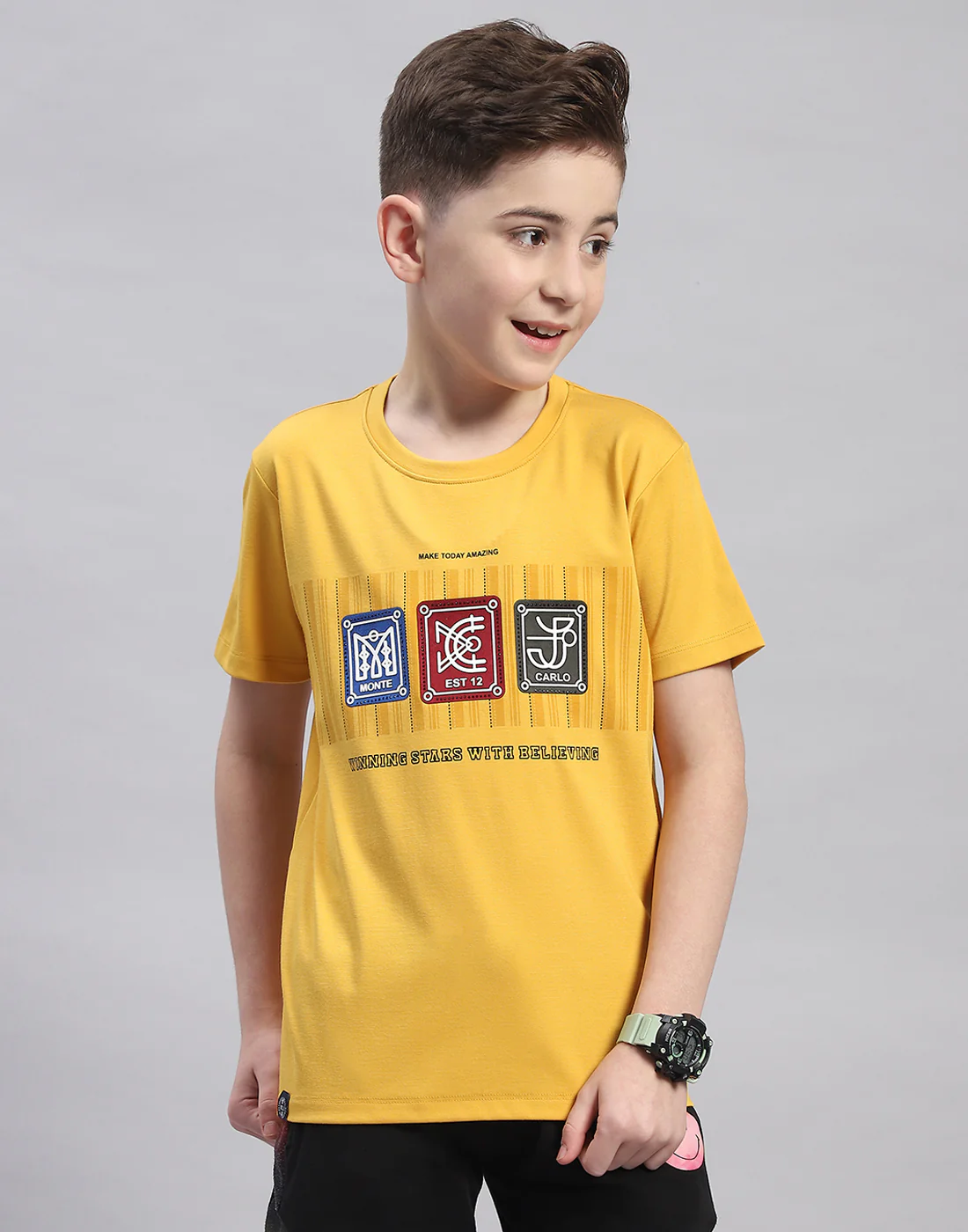 Boys Yellow Printed Round Neck Half Sleeve T-Shirt - Image 2