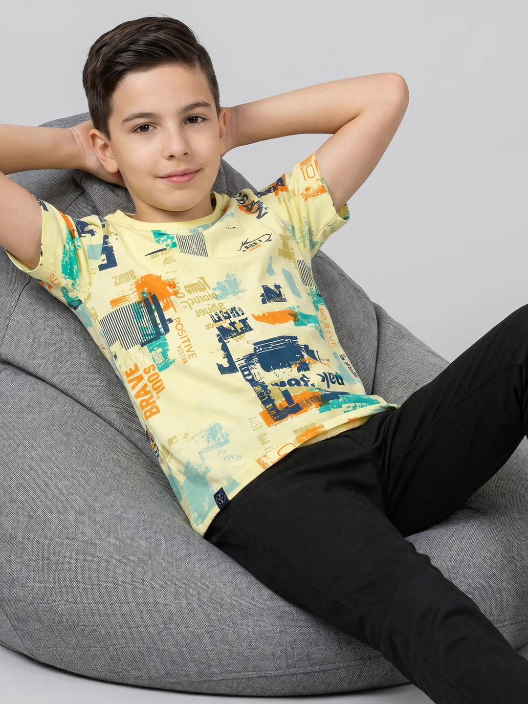 Boys Yellow Printed Round Neck Half Sleeve T-Shirt - Image 5