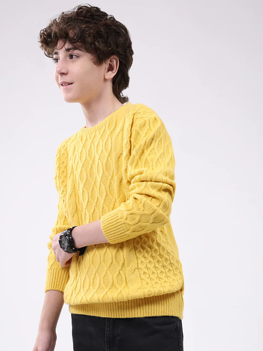 Boys Yellow Self Design Round Neck Full Sleeve Pullover - Image 3