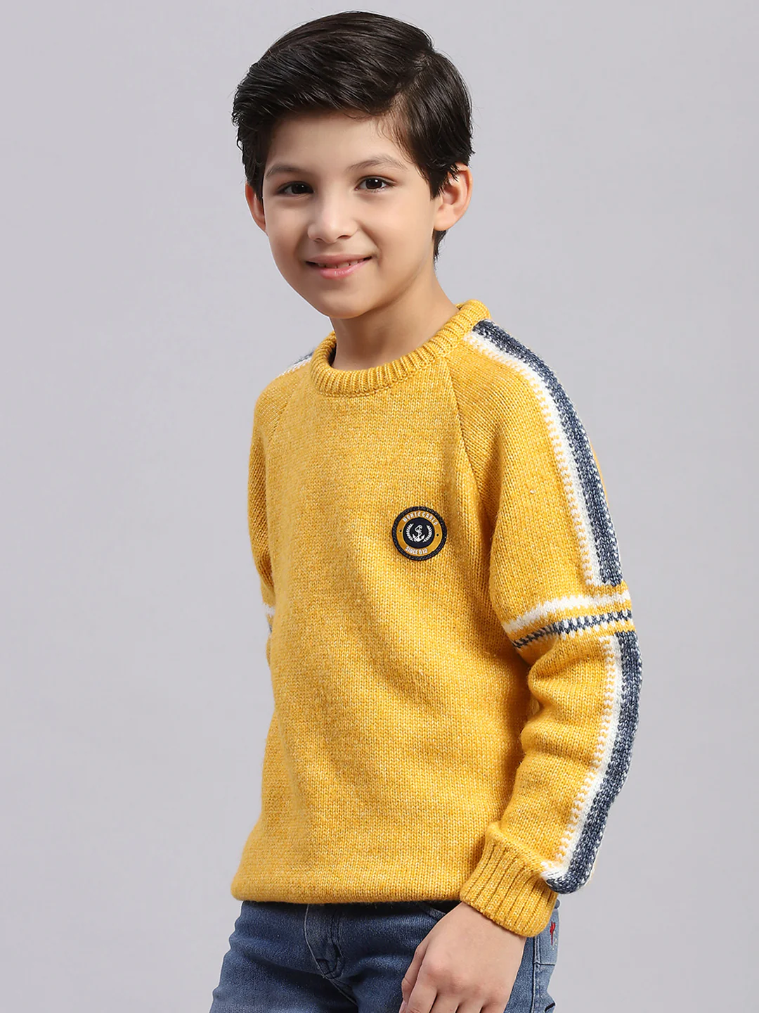 Boys Yellow Self Design Round Neck Full Sleeve Sweater - Image 3