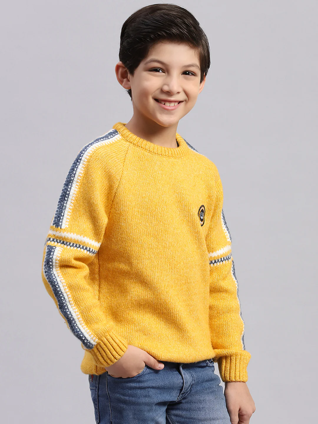 Boys Yellow Self Design Round Neck Full Sleeve Sweater - Image 4