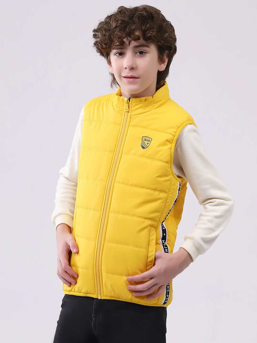 Boys Yellow Solid Mock Neck Sleeveless Boys Jacket - Image 3
