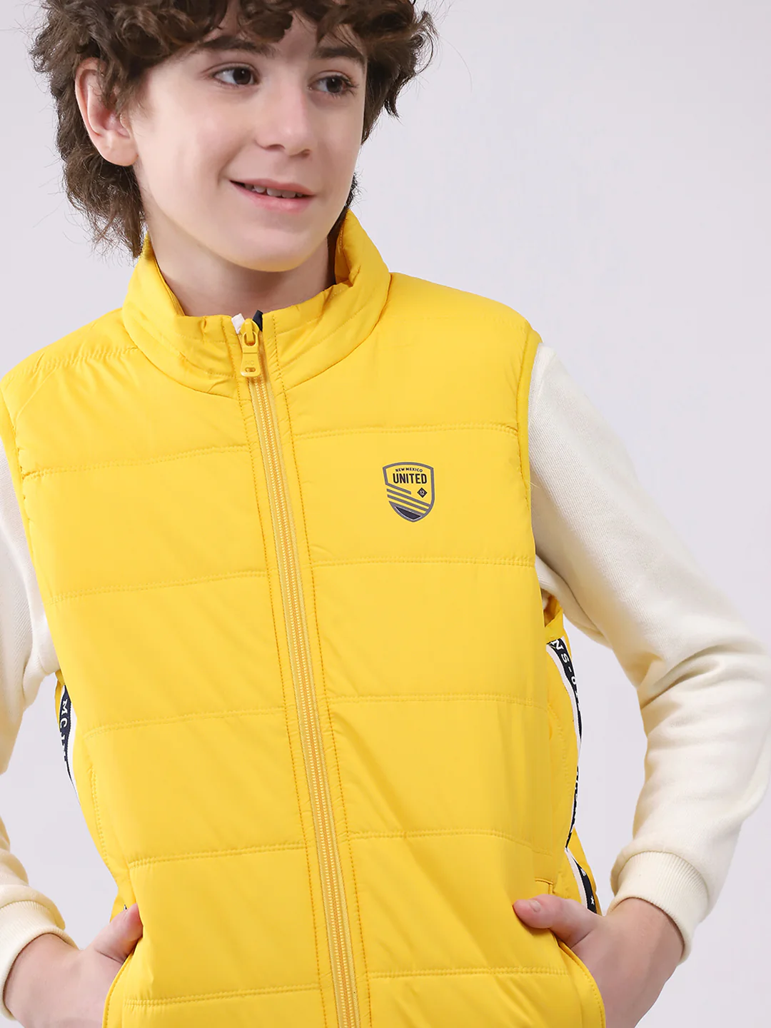 Boys Yellow Solid Mock Neck Sleeveless Boys Jacket - Image 7