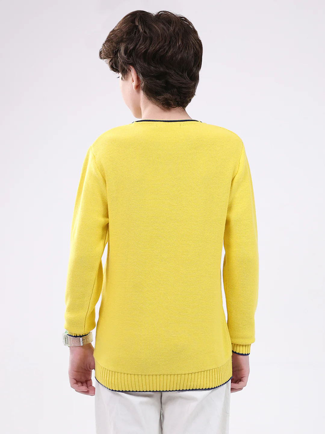 Boys Yellow Solid Round Neck Full Sleeve Pullover - Image 5