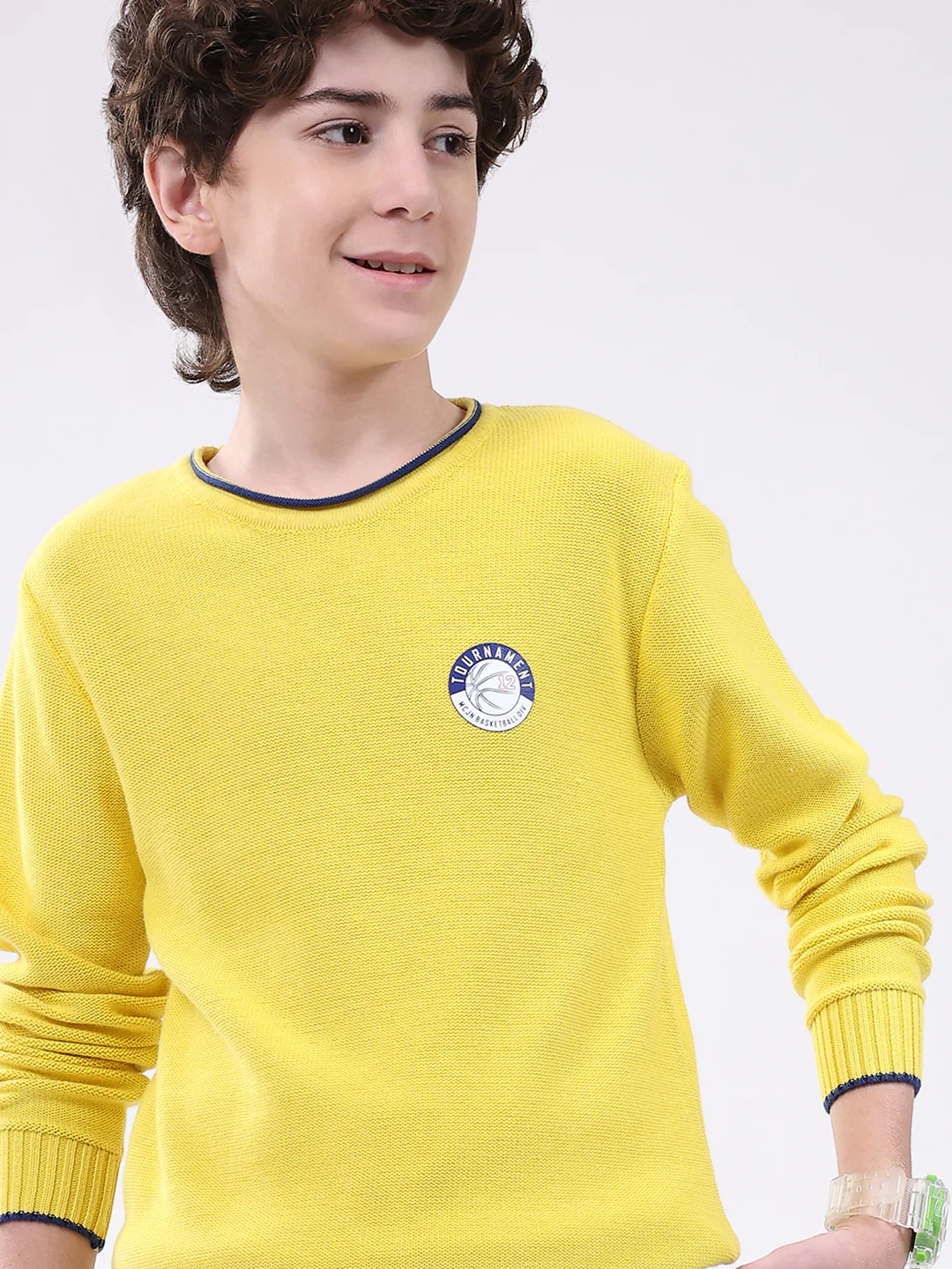 Boys Yellow Solid Round Neck Full Sleeve Pullover - Image 6
