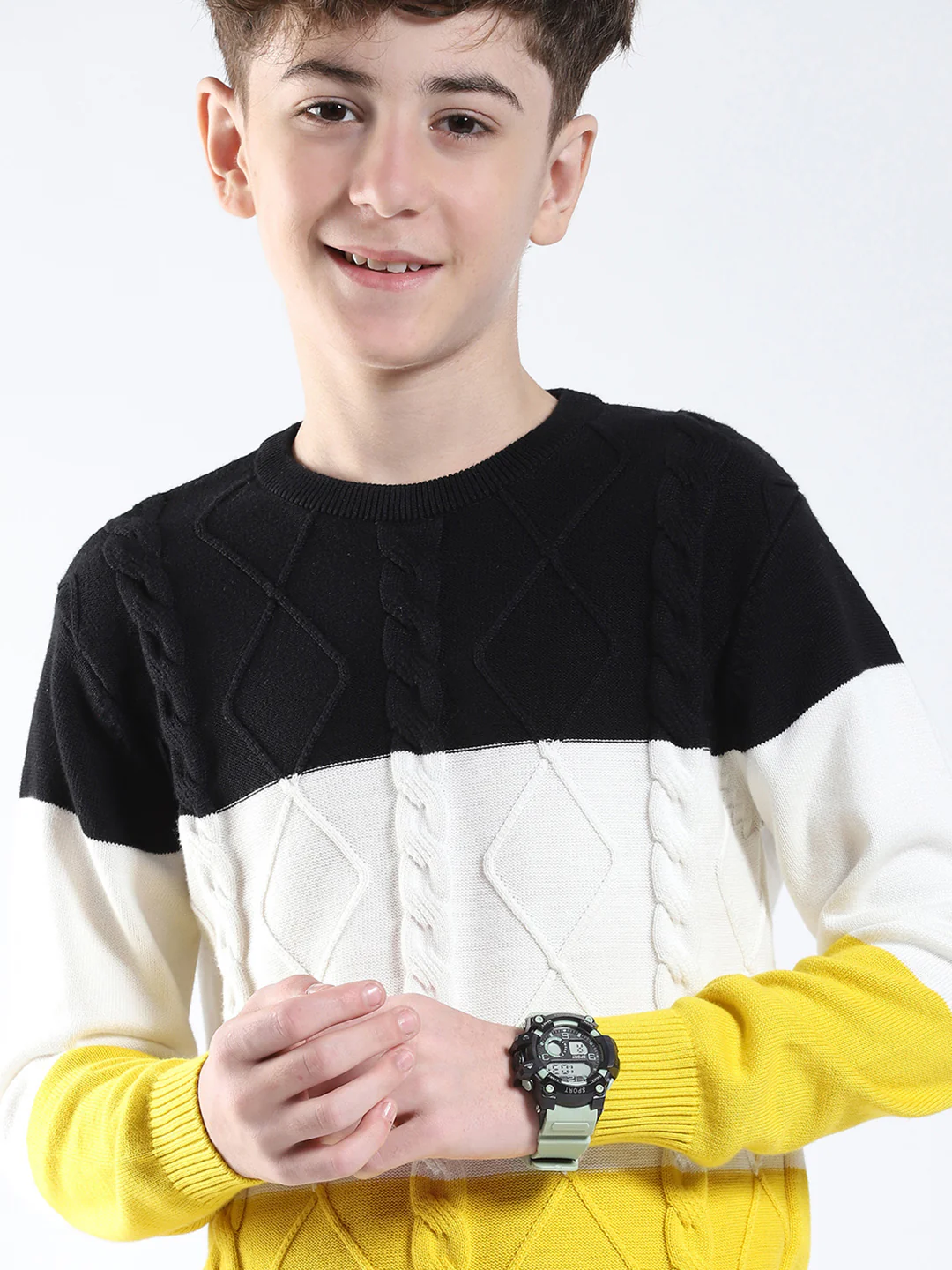Boys Yellow Stripe Round Neck Full Sleeve Pullover - Image 6