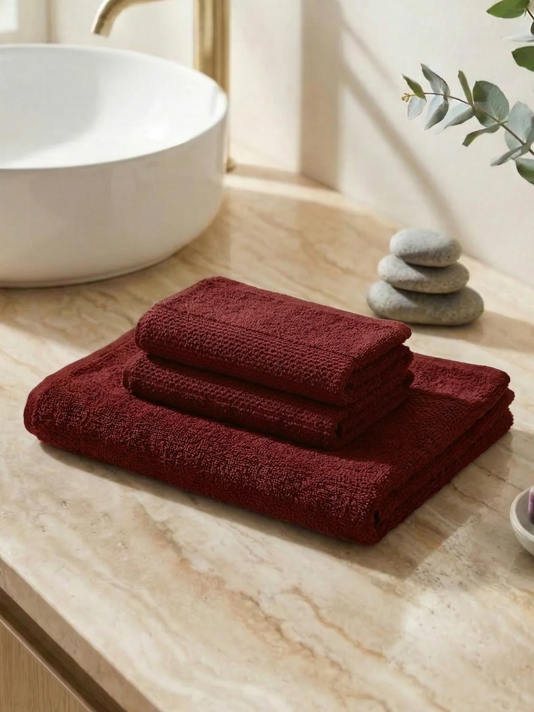 Brick Red 100% Cotton Solid 380 GSM Bath Towel Super Charm 3 Pc Set Gifting Box Pack - Image 2