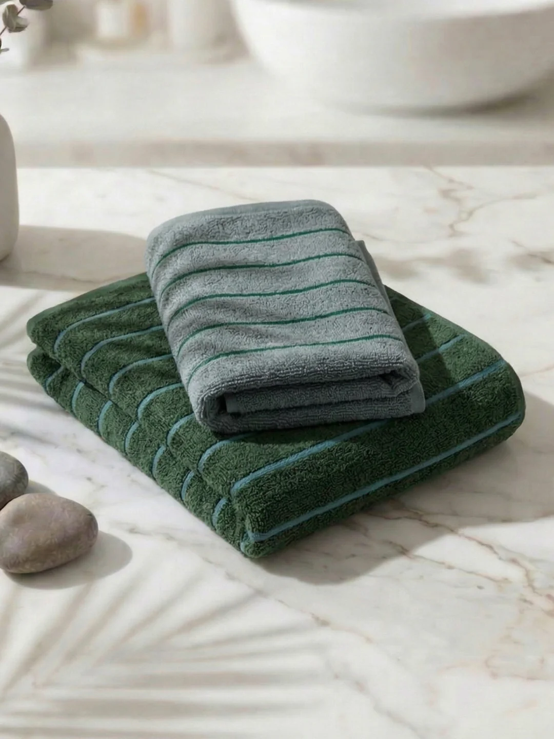 Dusty Blue & Green 100% Cotton Solid 480 GSM Bath Towel King & Queen 2 Pc Set Gifting Box Pack - Image 2