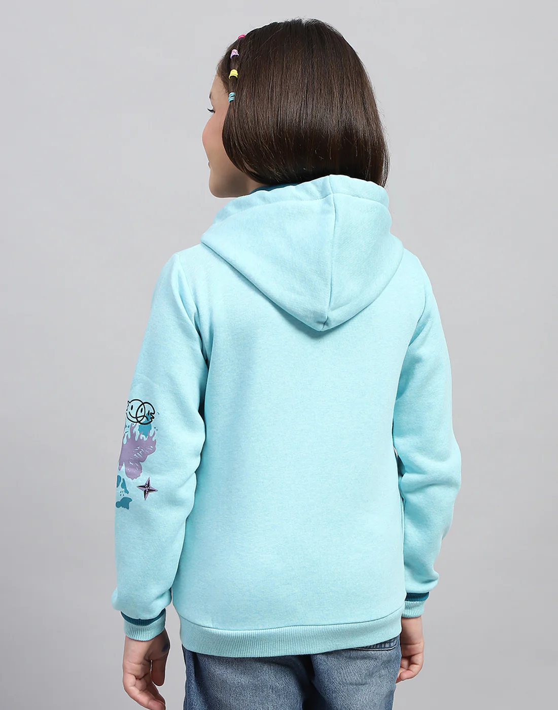 Girls Aqua Blue Printed Hooded Full Sleeve Sweatshirt - Image 5