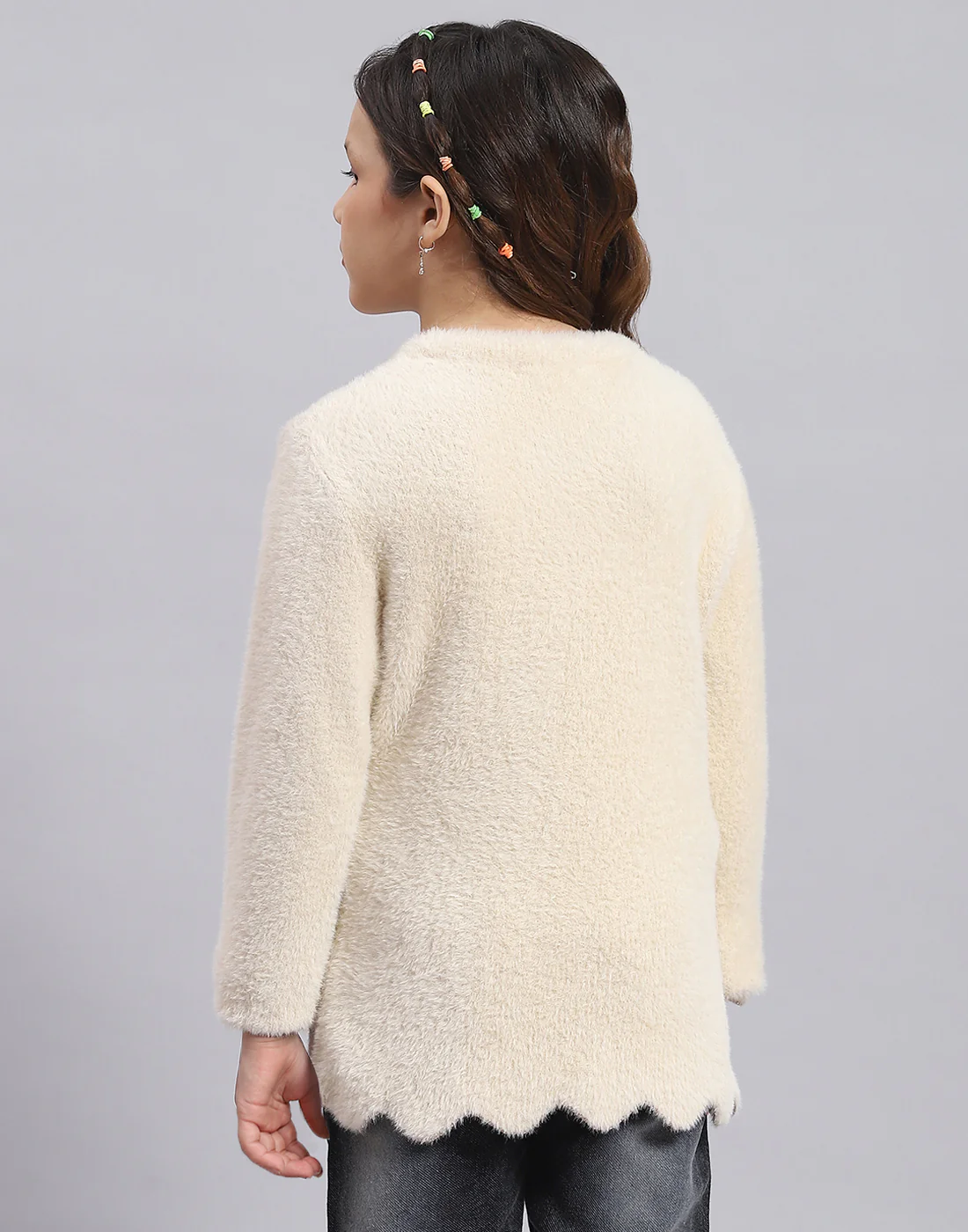 Girls Beige Embellished Round Neck Full Sleeve Sweater - Image 5