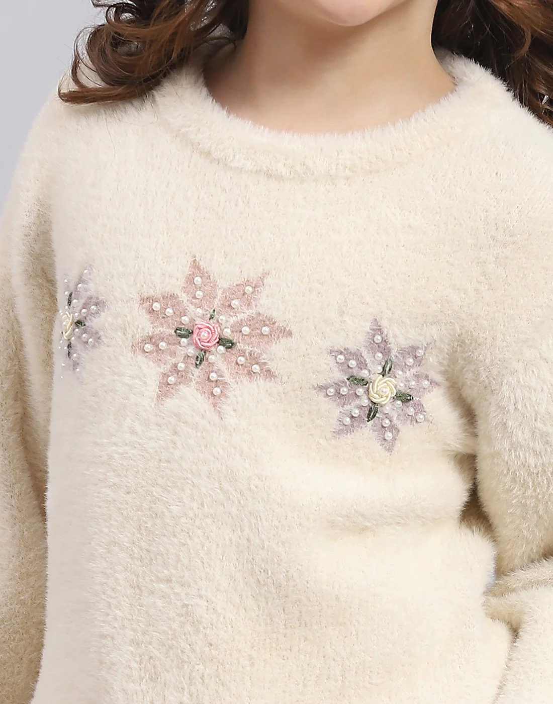 Girls Beige Embellished Round Neck Full Sleeve Sweater - Image 6