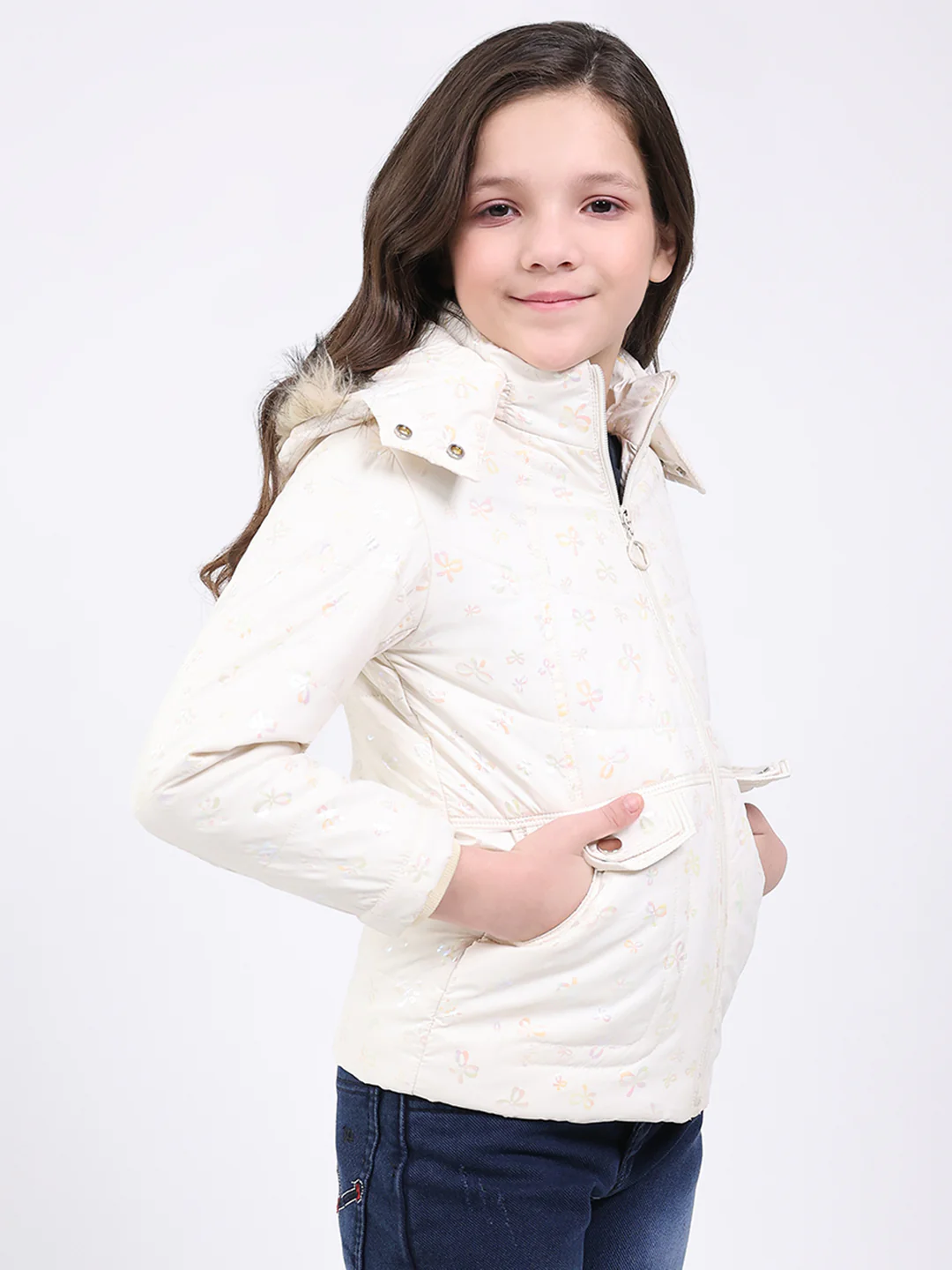 Girls Beige Printed Hooded Full Sleeve Jacket - Image 4