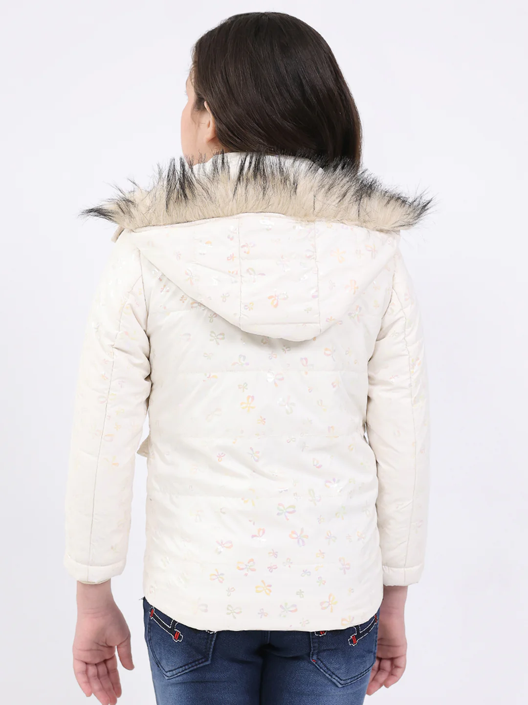 Girls Beige Printed Hooded Full Sleeve Jacket - Image 5