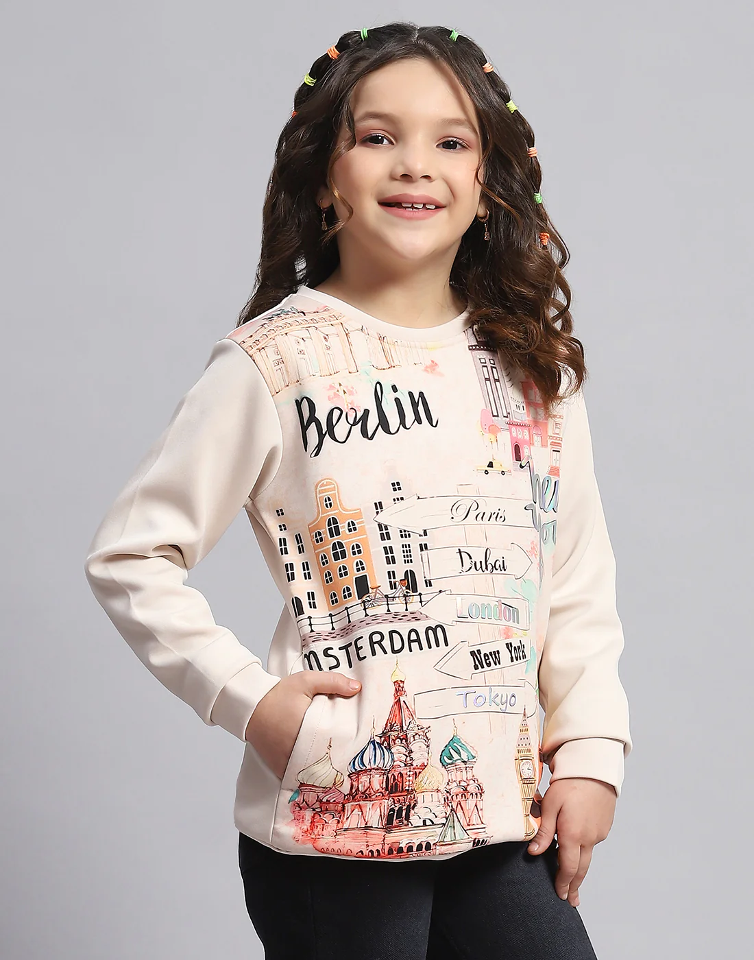 Girls Beige Printed Round Neck Full Sleeve Sweatshirt - Image 5