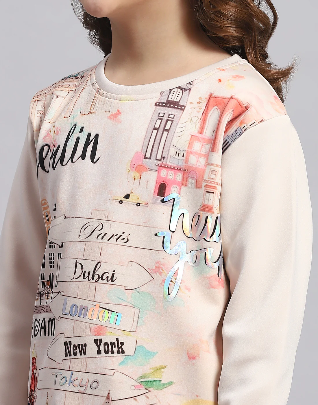 Girls Beige Printed Round Neck Full Sleeve Sweatshirt - Image 7