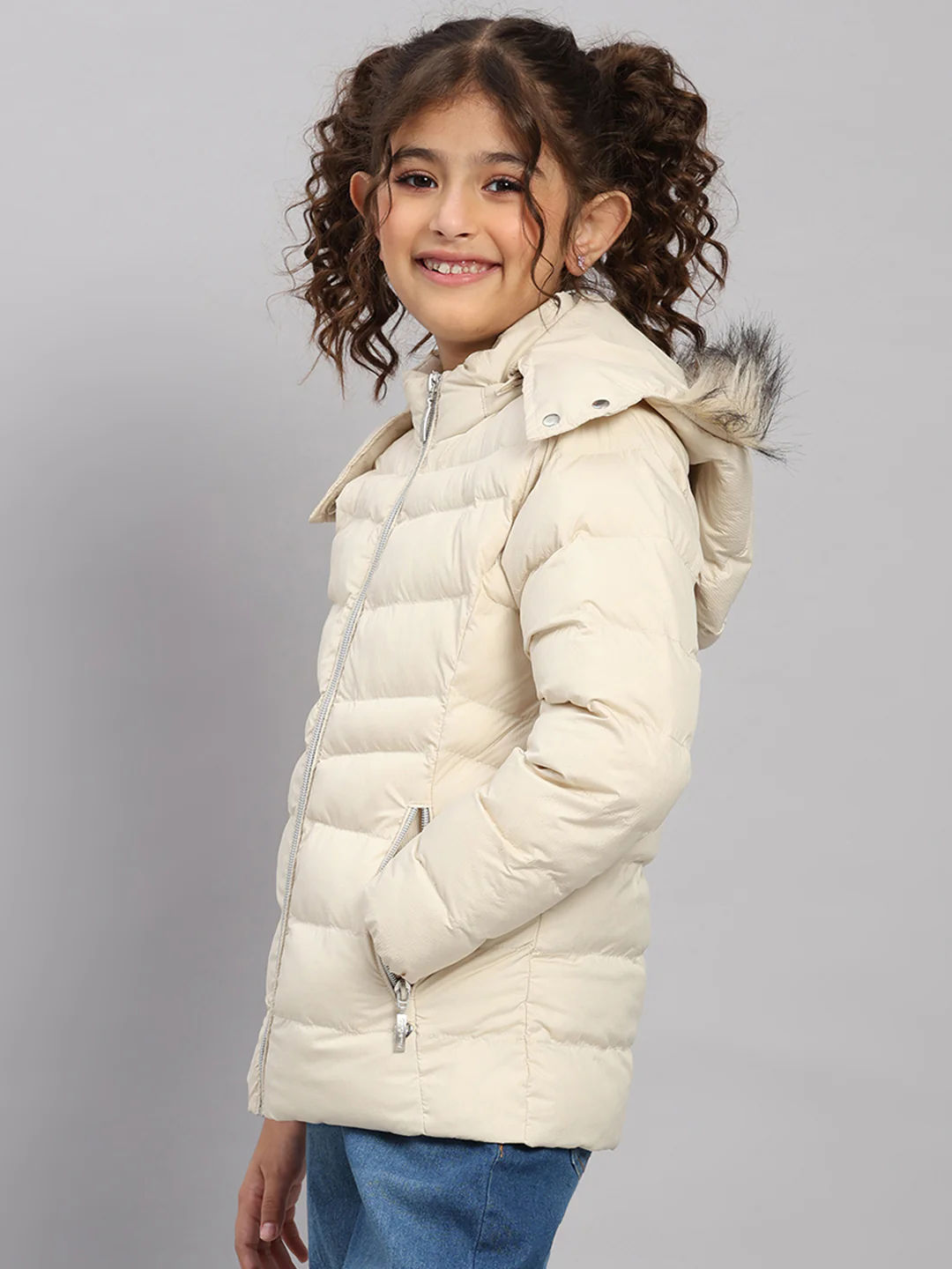 Girls Beige Self Design Hooded Full Sleeve Jacket - Image 3