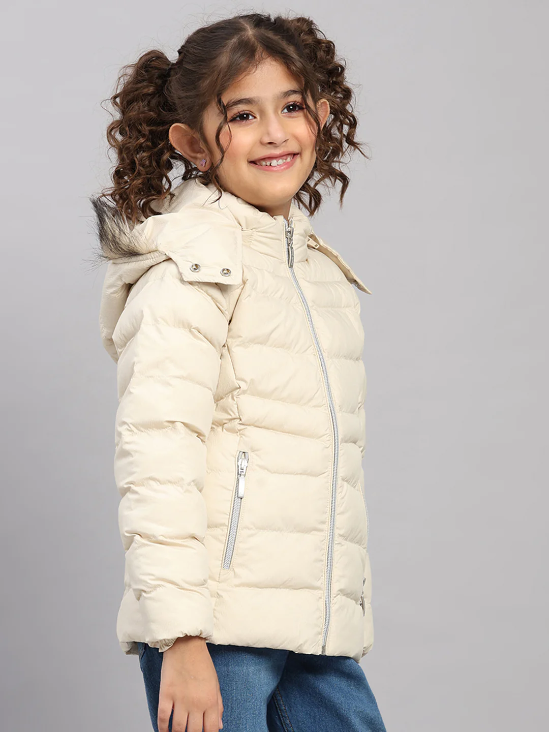 Girls Beige Self Design Hooded Full Sleeve Jacket - Image 4