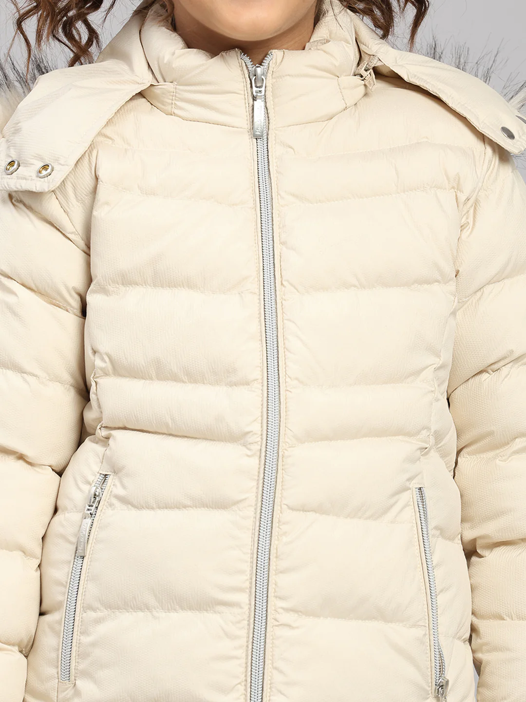 Girls Beige Self Design Hooded Full Sleeve Jacket - Image 6