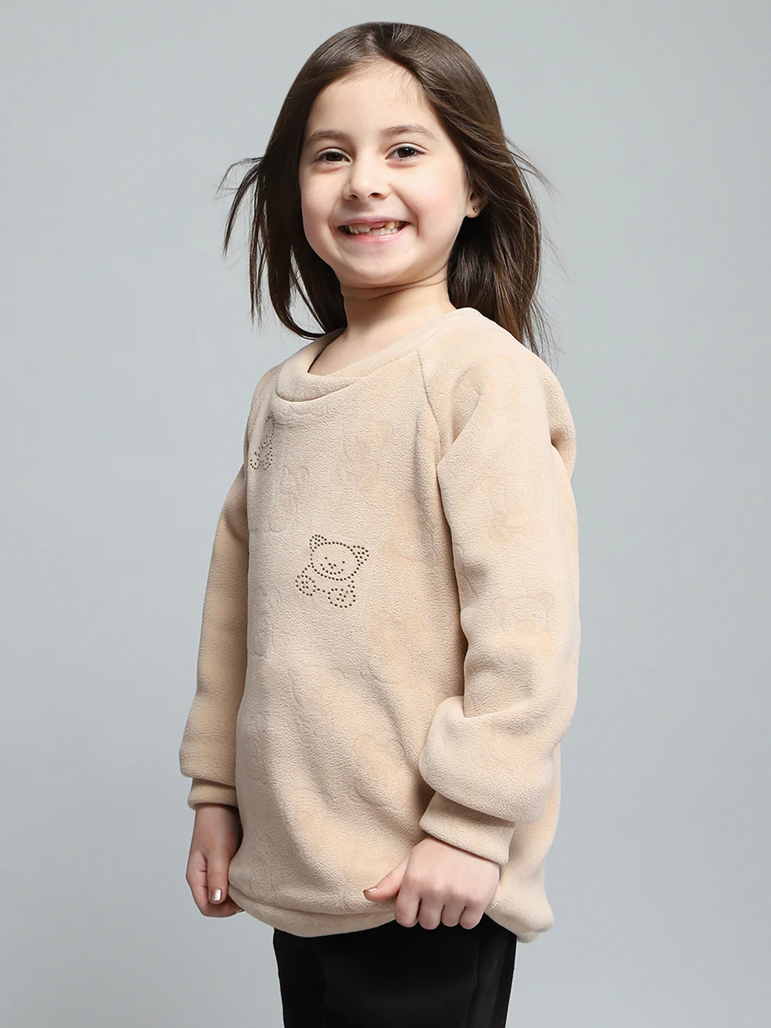 Girls Beige Self Design Round Neck Full Sleeve Sweatshirt - Image 3