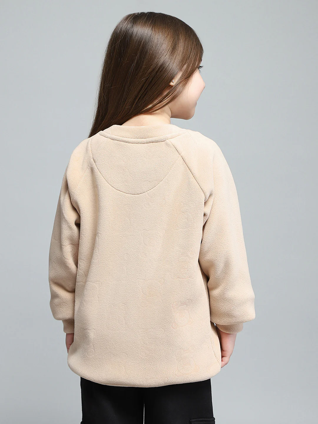 Girls Beige Self Design Round Neck Full Sleeve Sweatshirt - Image 5