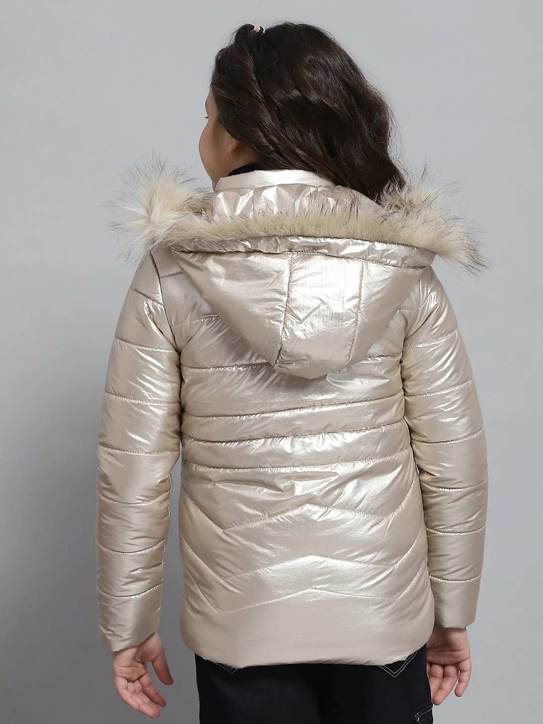 Girls Beige Solid Hooded Full Sleeve Jacket - Image 5