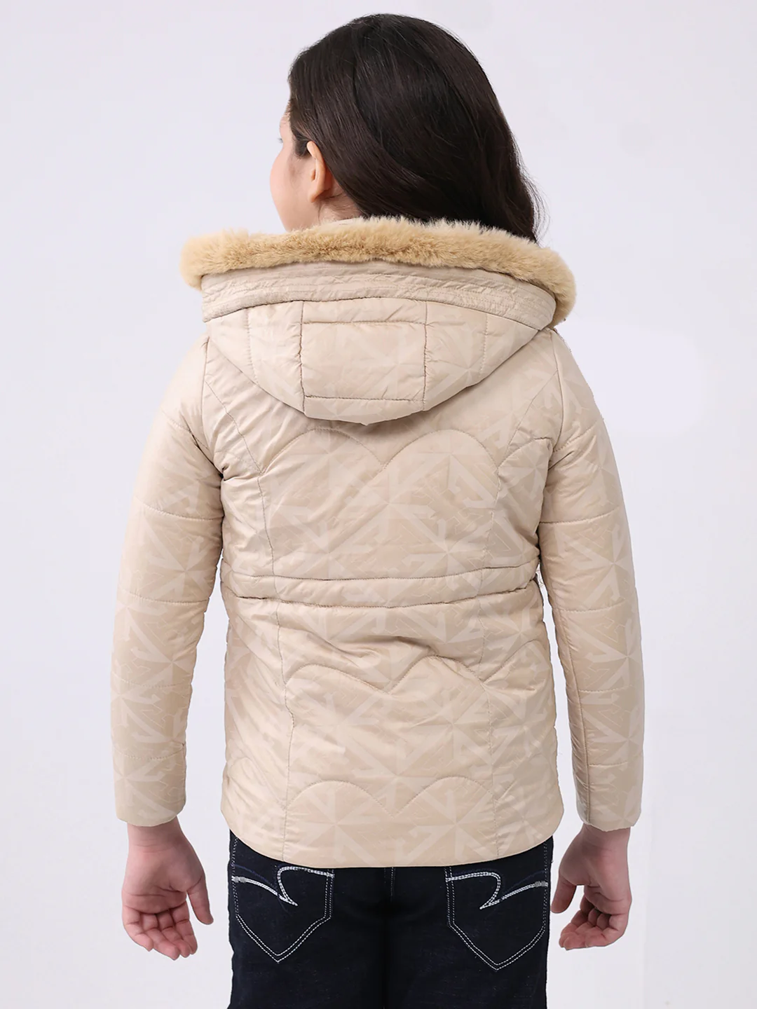 Girls Beige Solid Hooded Full Sleeve Jacket - Image 5