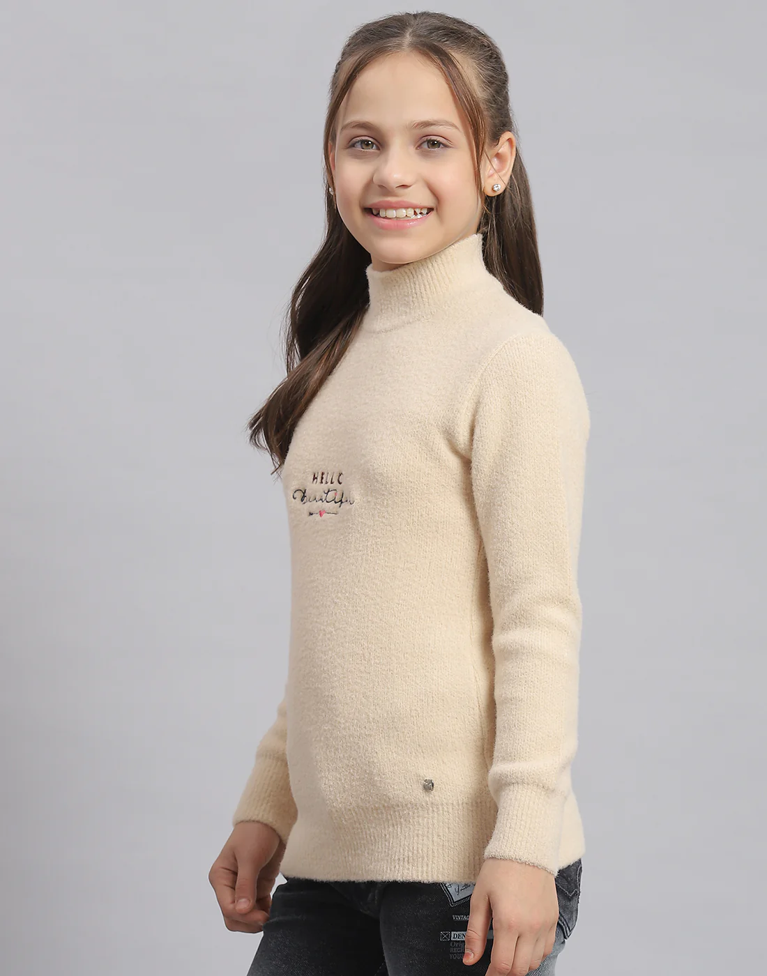 Girls Beige Solid T Neck Full Sleeve Sweater - Image 3