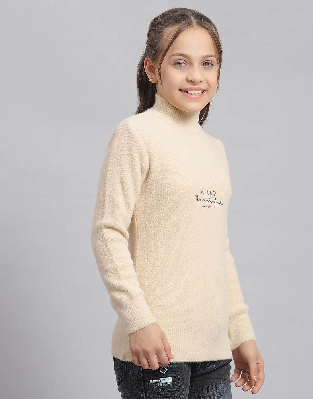 Girls Beige Solid T Neck Full Sleeve Sweater - Image 4