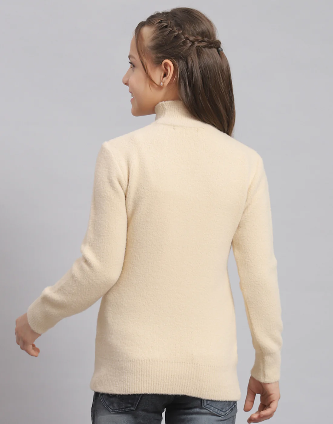 Girls Beige Solid T Neck Full Sleeve Sweater - Image 5