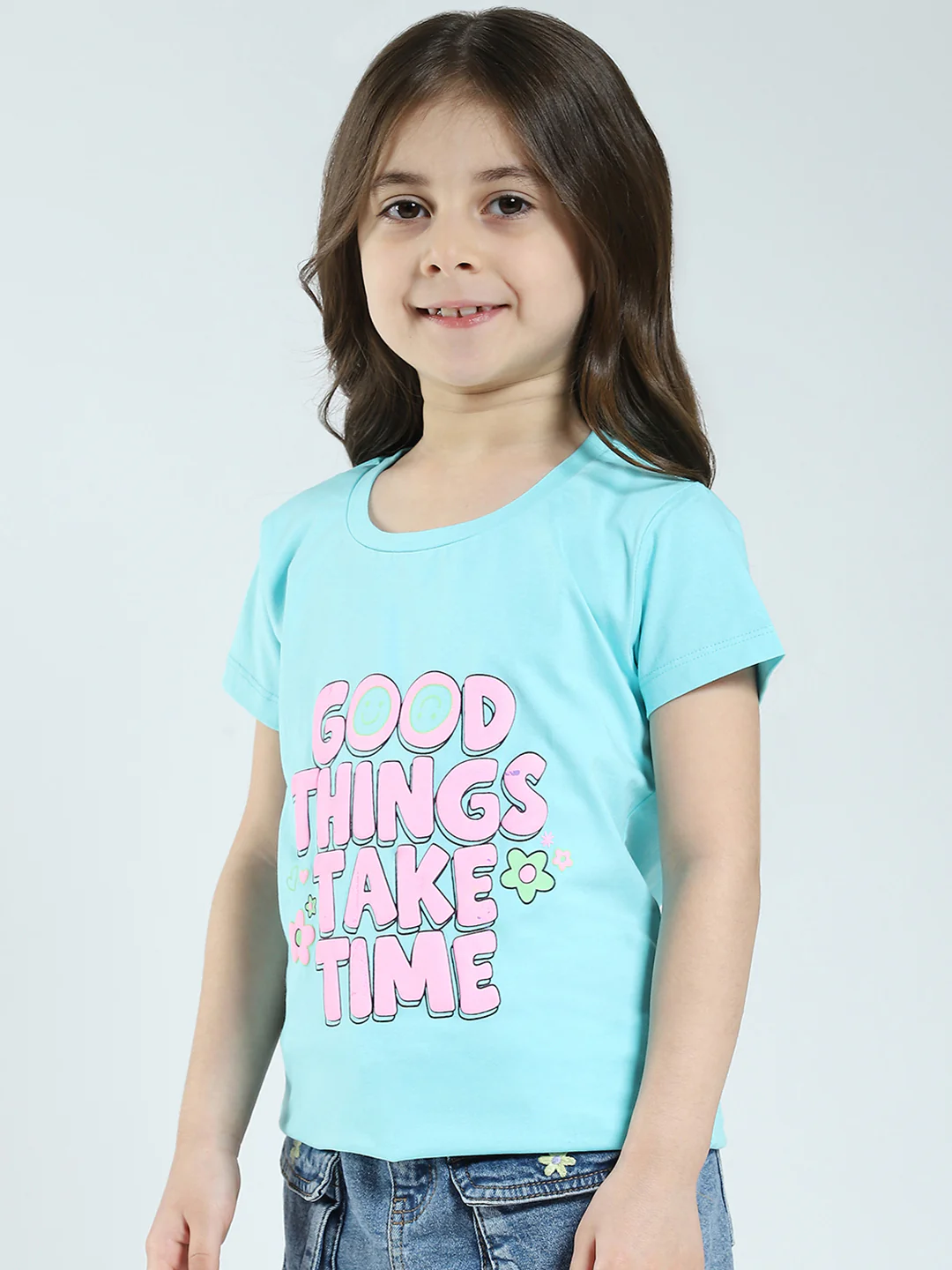 Girls Black & Blue Printed Round Neck Half Sleeve Top 2Pc Set - Image 4