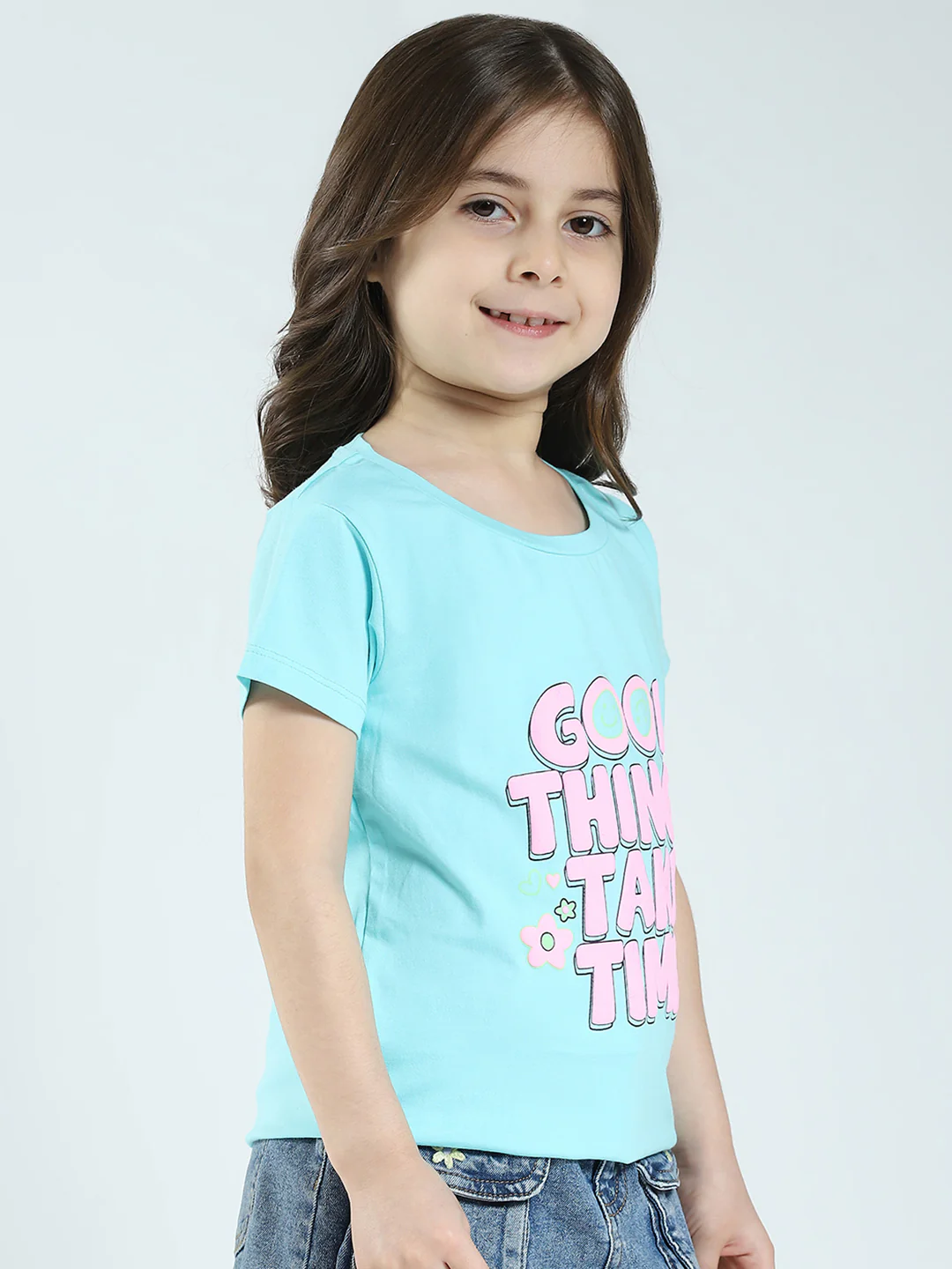 Girls Black & Blue Printed Round Neck Half Sleeve Top 2Pc Set - Image 5