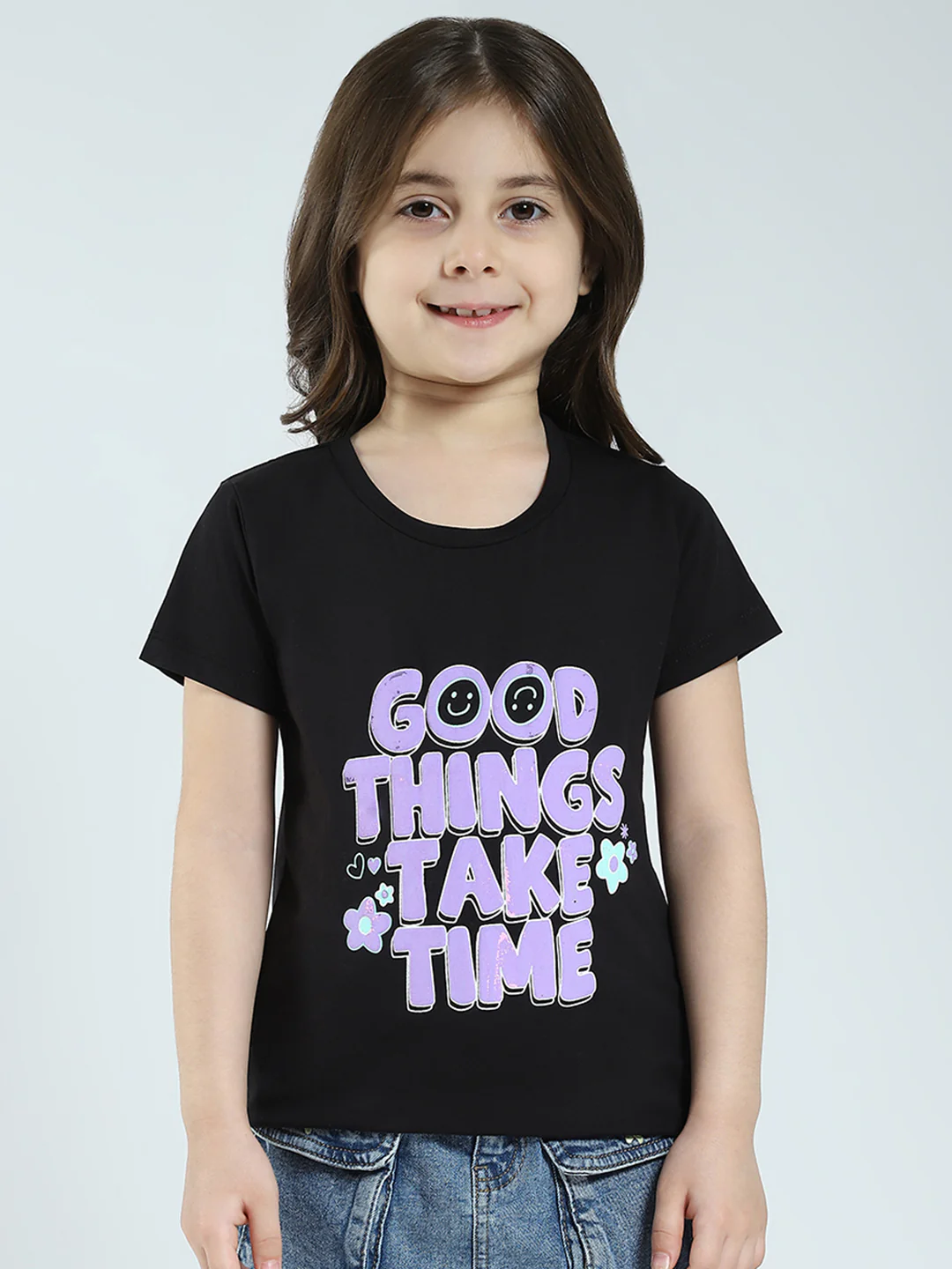 Girls Black & Blue Printed Round Neck Half Sleeve Top 2Pc Set - Image 7