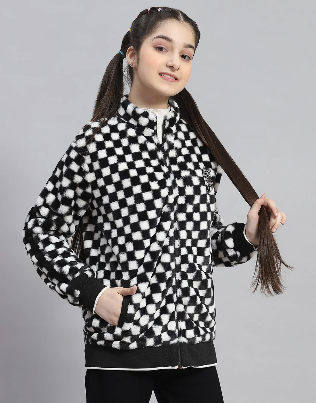 Girls Black Check Stand Collar Full Sleeve Sweatshirt - Image 4