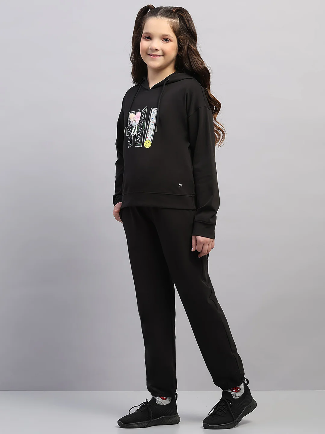 Girls Black Printed Hooded Full Sleeve Cords Set - Image 3