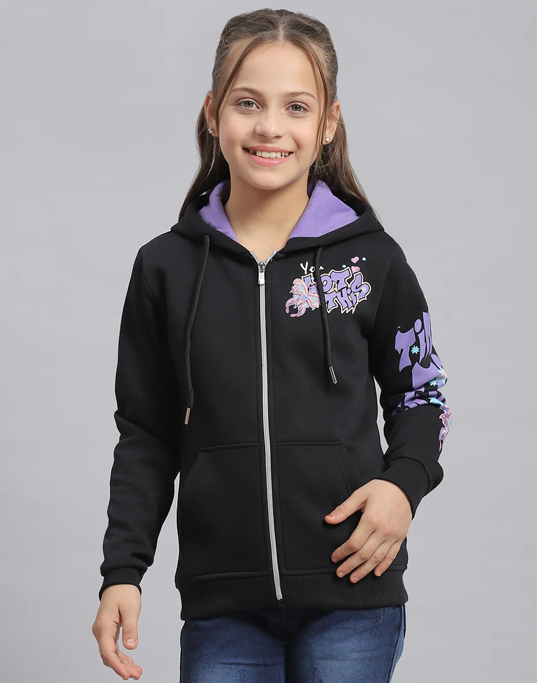 Girls Black Printed Hooded Full Sleeve Sweatshirt - Image 2