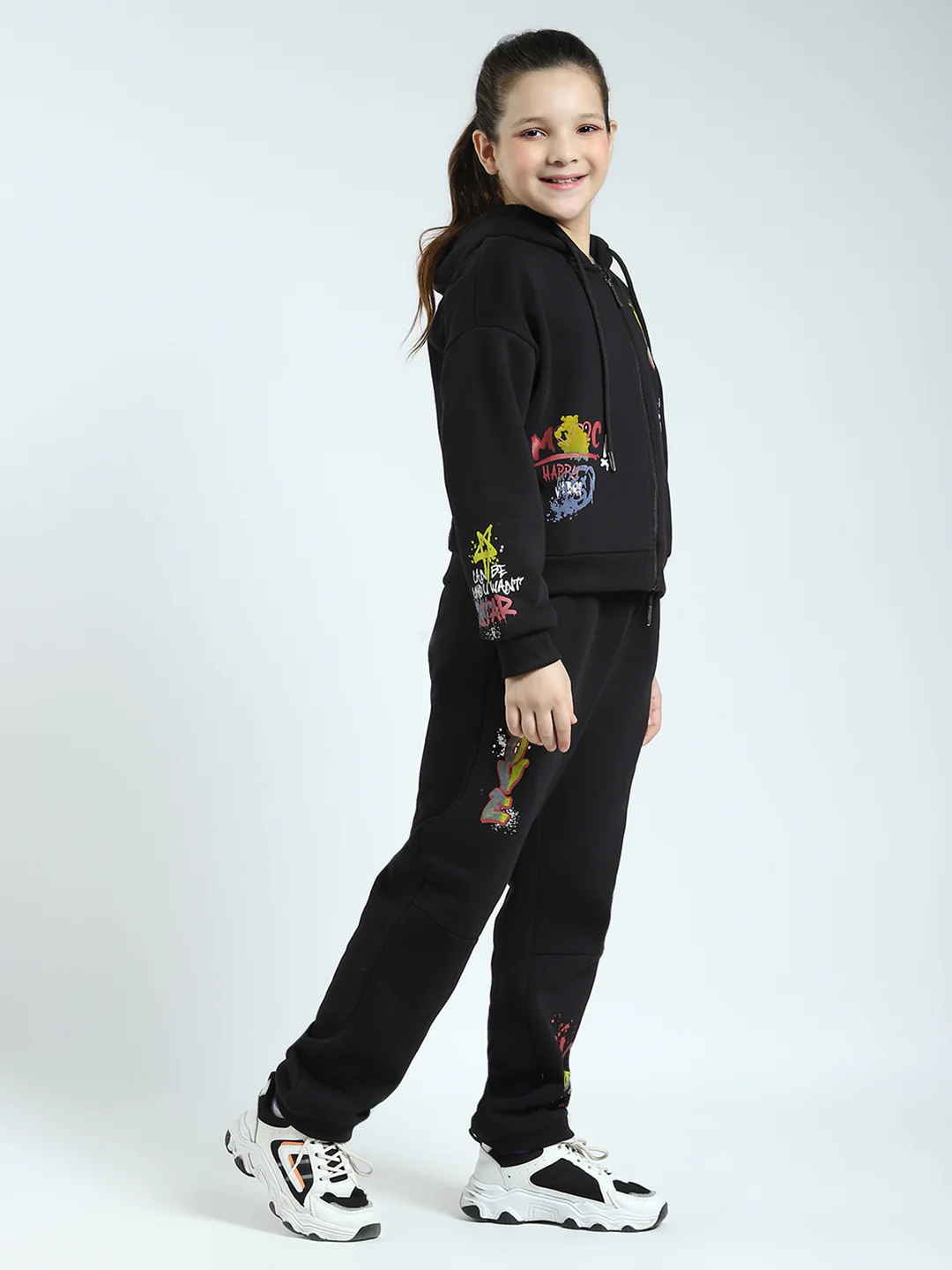 Girls Black Printed Hooded Full Sleeve Tracksuit - Image 4