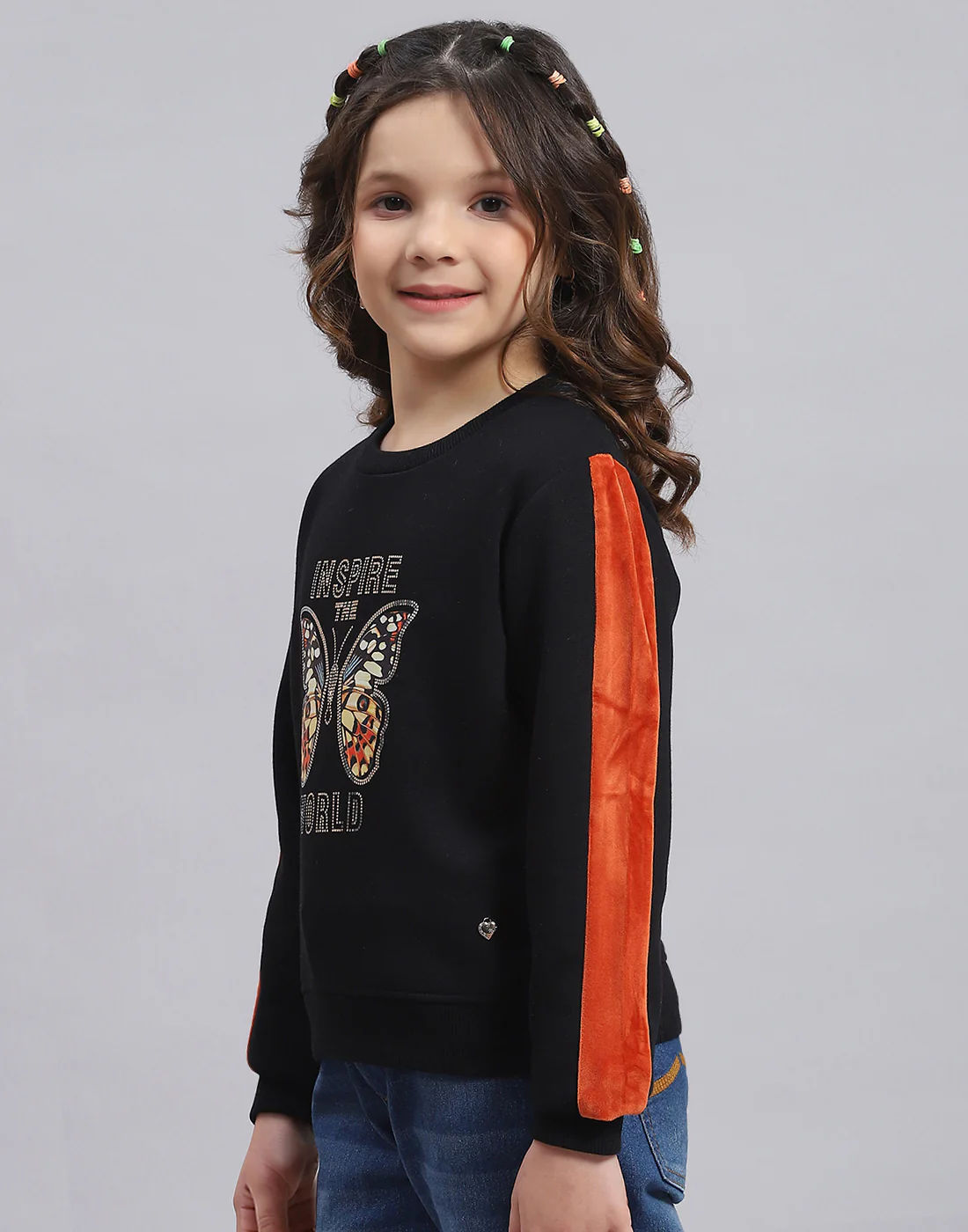 Girls Black Printed Round Neck Full Sleeve Sweatshirt - Image 3