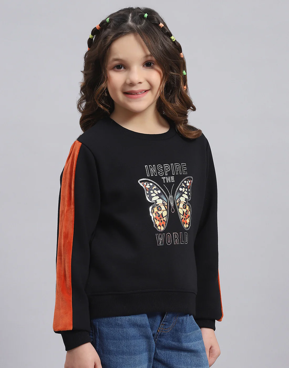 Girls Black Printed Round Neck Full Sleeve Sweatshirt - Image 4