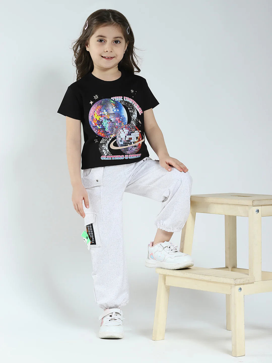 Girls Black Printed Round Neck Half Sleeve Top - Image 2