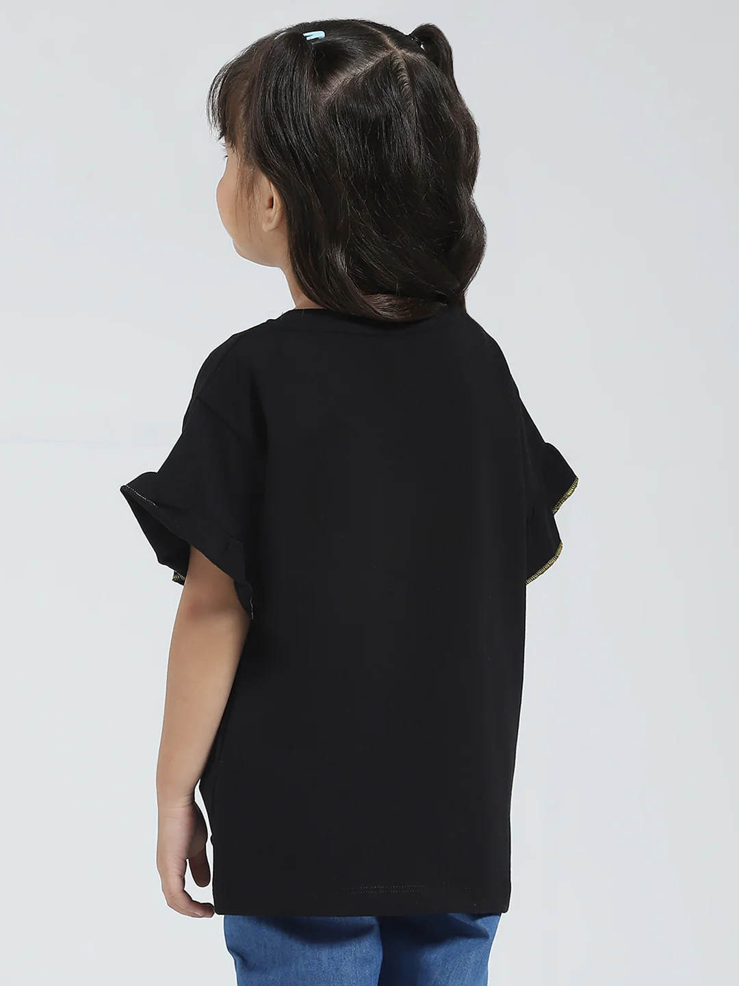 Girls Black Printed Round Neck Half Sleeve Top - Image 5