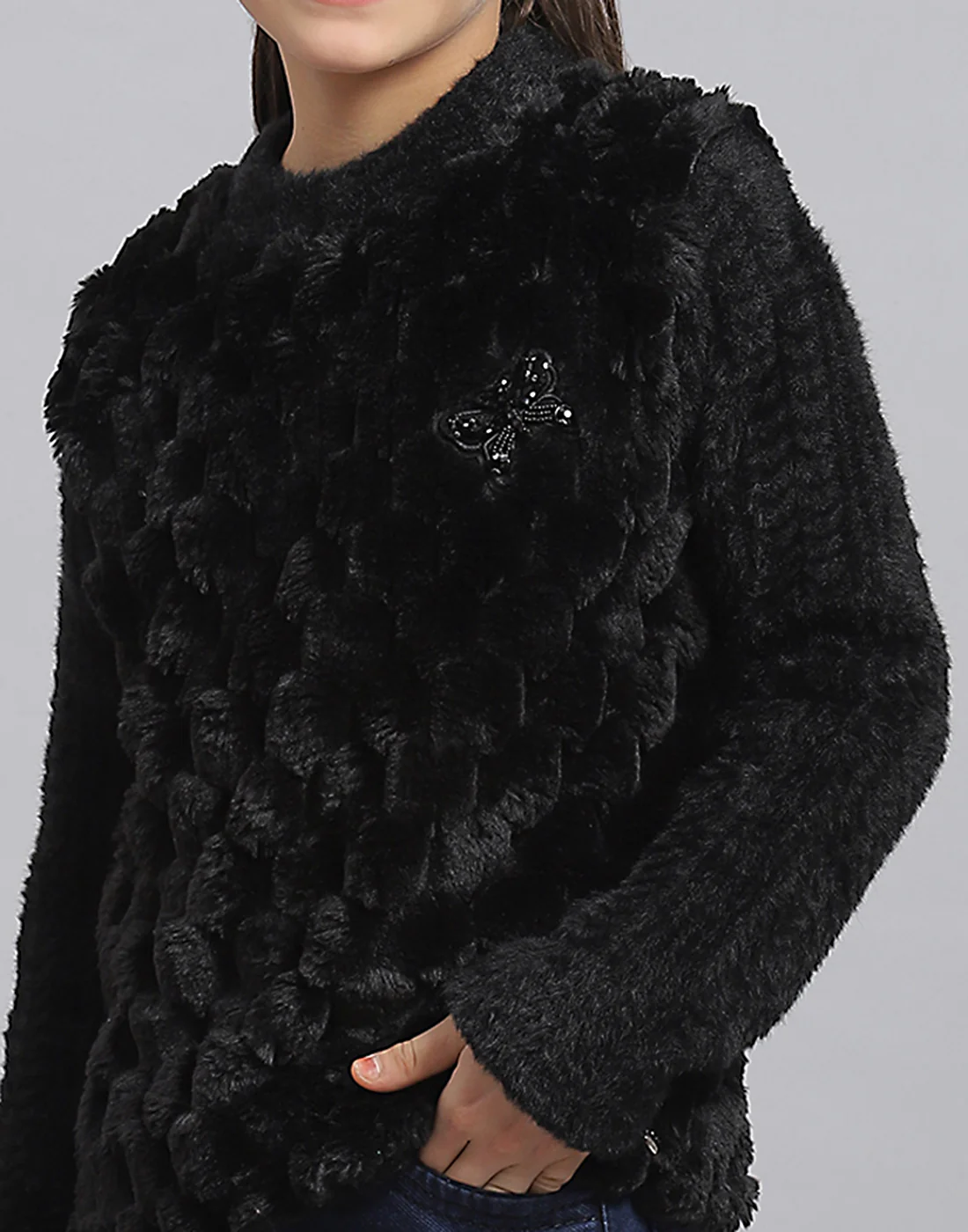 Girls Black Self Design Round Neck Full Sleeve Sweatshirt - Image 6