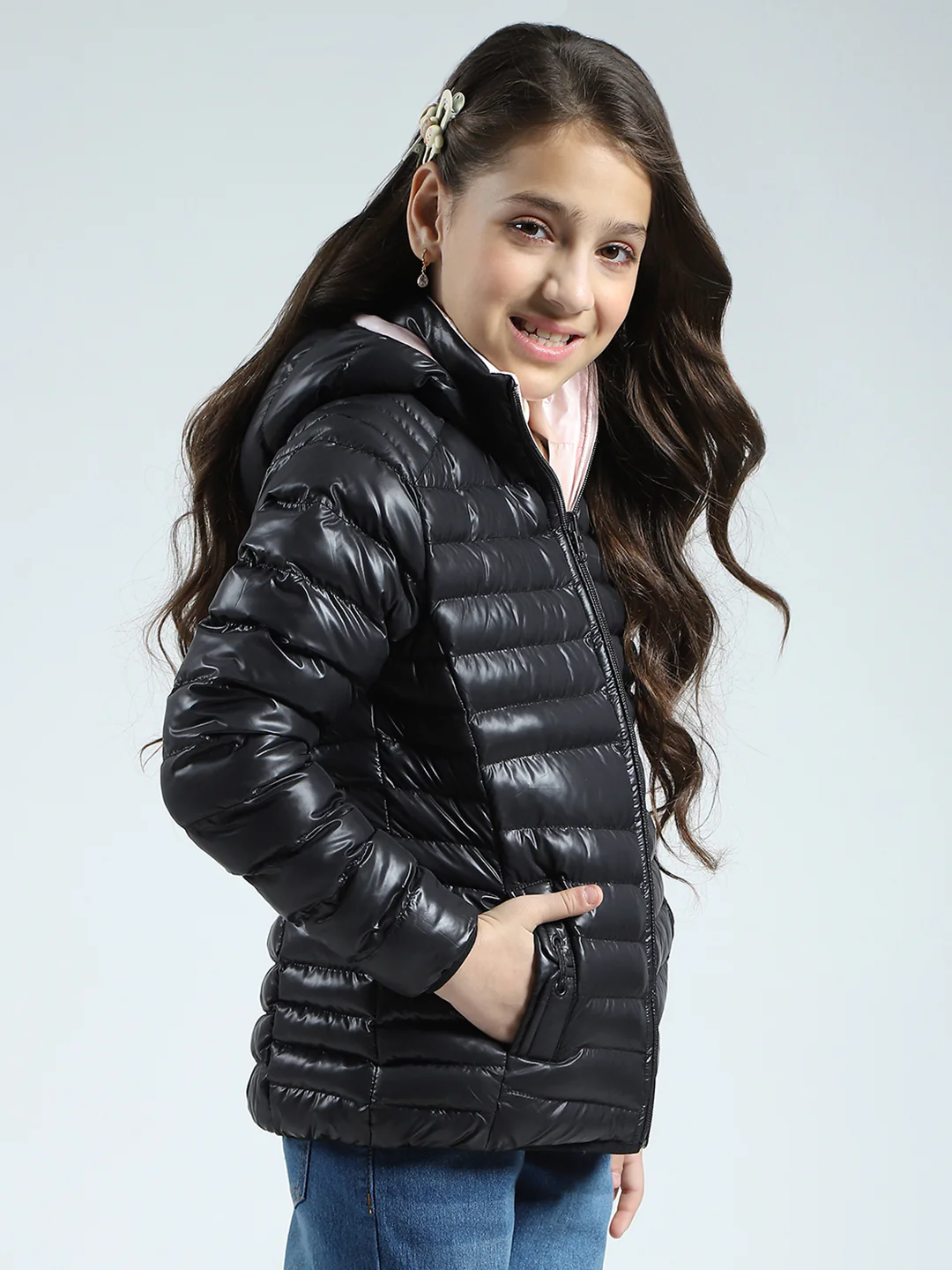 Girls Black Solid Hooded Full Sleeve Reversible Jacket - Image 6