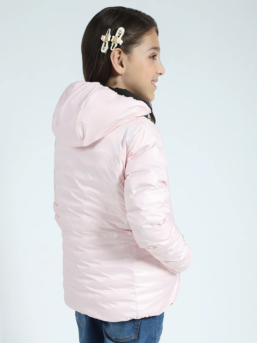 Girls Black Solid Hooded Full Sleeve Reversible Jacket - Image 9