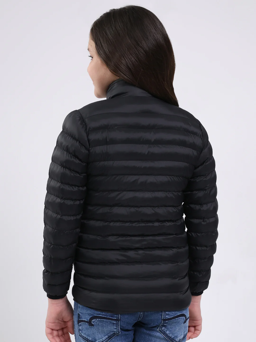 Girls Black Solid Mock Neck Full Sleeve Jacket - Image 5