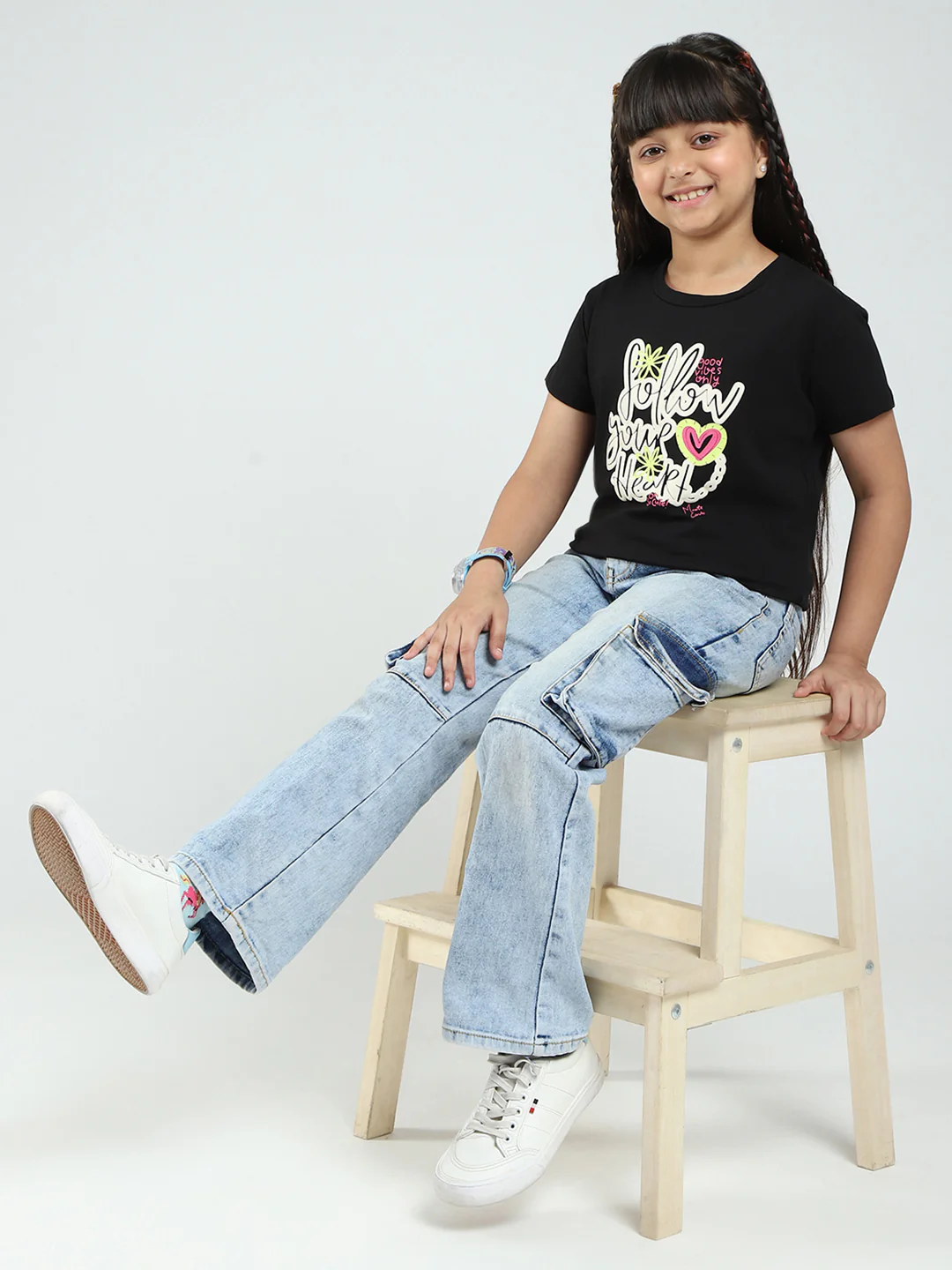 Girls Blue & Black Printed Round Neck Half Sleeve Top 2Pc Set - Image 2